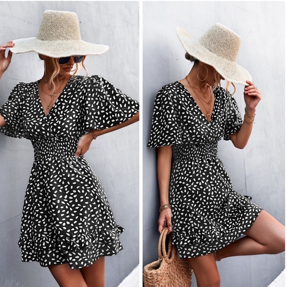 Black Printed Smocked Mini Dress - Picture 2 of 2